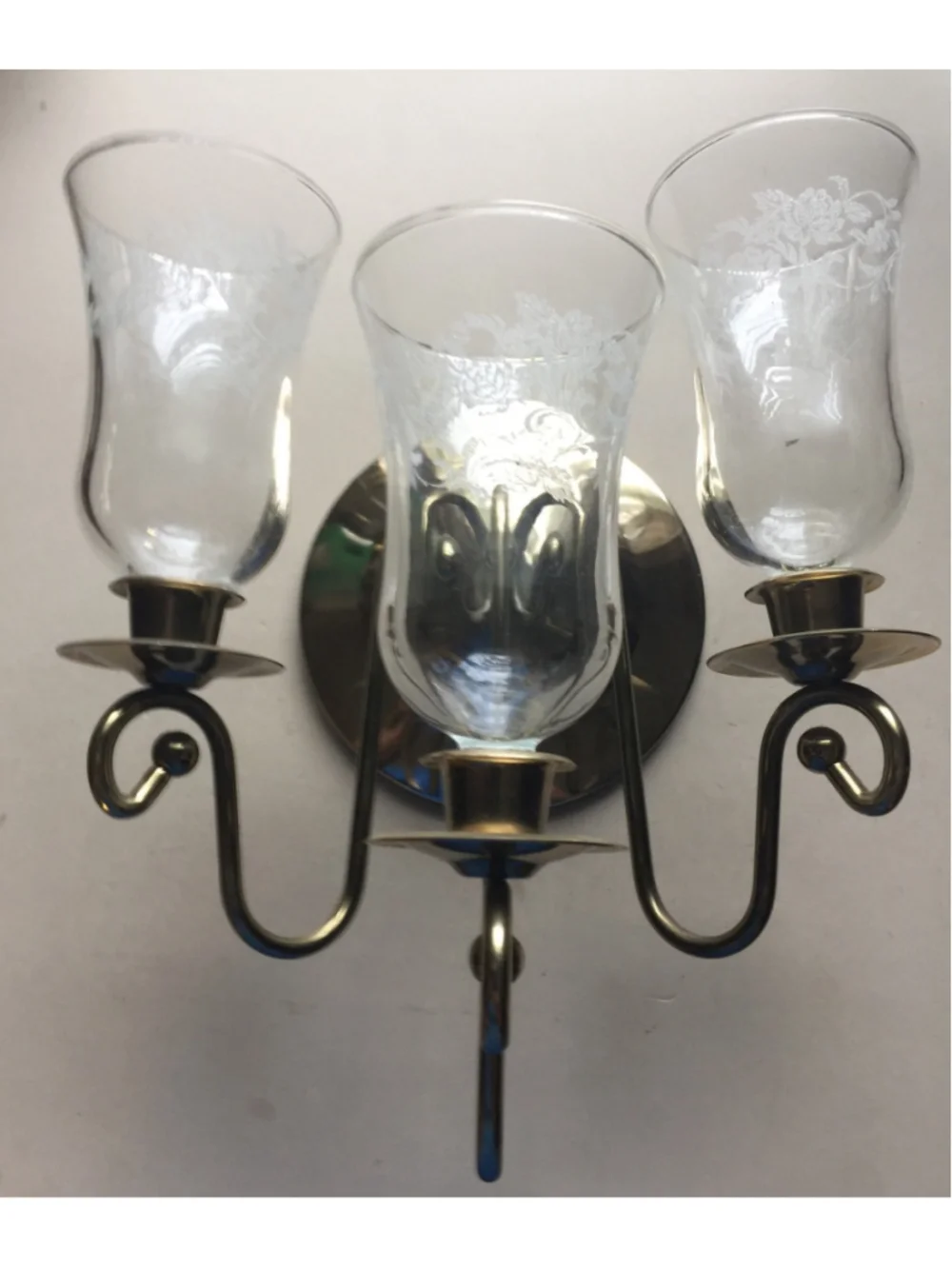 Vtg Pair Brass plate Wall Sconce Candle Holders W/Etched Glass Globes